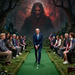 symmetry!! joe biden playing mini golf with the souls of the american people, scenery, evil, sinister, beautiful, perfect composition, perfect lighting, artstation, artgerm, derek zabrocki, greg rutkowski, 4 k