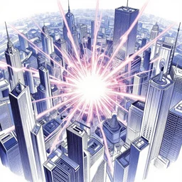psychdedelic explosion in a futuristic city by Kentaro Miura