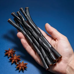 a handful of black licorice on a blue background, long strands of shiny candy, twizzlers, chewable, sugar, anise, fennel, aromatic, bundle, candy shop, sweet tooth, chesley bonestell, vincent di fate