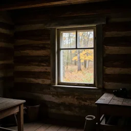 inside an old log cabin, the autumn midday light comes in through a window and dimly illuminates the room, softened diffuse light, photorealism, photo taken with canon EOS 5D and 35 mm lens