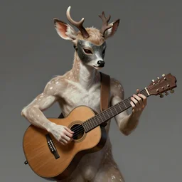 a digital painting of a fawn wearing a mask playing a guitar, young handsome pale roma, grim dark satyr from gwent cards, a character pan portrait by senior character artist, polycount, vanitas, sketchfab, speedpainting, zbrush