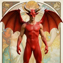 red demon kellan lutz in a speedo, large horns, bat - wings, handsome, vivid colors, background, alphonse mucha, rhads, ross tran, artstation, artgerm, octane render, 1 6 k