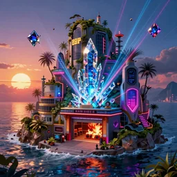 a beautiful detailed highly detailed nature fire station by zack snyder, hyperrealism neon noir morning sun cgsociety sea uv light thermal vision synthwave scumm bar architecture island bladerunner 2 0 4 9 crystal laser evil fantasy gem, archdaily, wallpaper, highly detailed, trending on artstation.