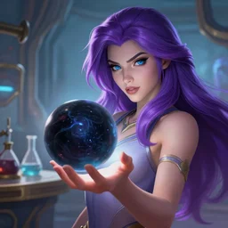 league of legends concept art beautiful marina diamandis holding spherical black hole in her hand, long purple hair, blue eyes, futuristic laboratory background interior, table with laboratory equipment, art by charles liu, closeup sideshot, fantasy style, soft lighting, vibrant color scheme, female portrait, ultra detailed, volumetric lighting, octane render, commission art, 8 k wallpaper