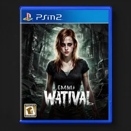 ps 2 game box keyart, emma watson surivival horror, playstation 2, paper scratch texture