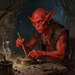 portrait of red - skinned goblin alchemist working in his fantasy medieval workshop, nighttime, illustration concept trending pixiv fanbox by wlop and greg rutkowski and caravaggio and rosa bonheur, and william harnett, hyperrealism art