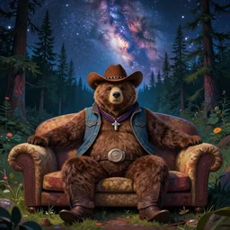 psychedelic, trippy, bear cowboy, pine forest, couch, sofa, milky way, cartoon by rob gonsalves