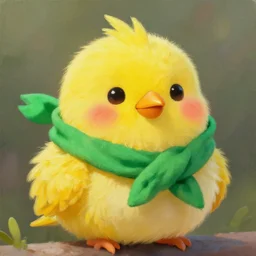 a cute fluffy yellow bird blushing wearing a green scarf bandana, artstation, high quality, oil painting