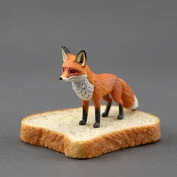 A miniature statuette of a fox on a piece of bread. solid Background. By Beeple and RHADS