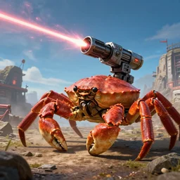 shoulder shot of a huge gigantic crab with a firing [ shooting ] [ star - wars ] [ blaster - turret ] shooting attached to its back crawling towards a village, [ star wars ] [ laser ] [ turret ] [ attached ] to top of crab, xf iq 4 f 5. 6 iso 2 0 0, mcquarrie