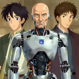 portrait of saul goodman as a robot, cybernetic enhancements, art by makoto shinkai and peter elson, bernie wrightson