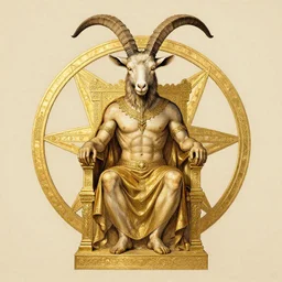 Baphomet, head of goat body of a man, sitting on a golden throne within a pentagram. By Noriyoshi Ohrai. Phil Hale. WLOP.