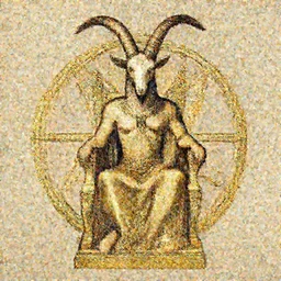 Baphomet, head of goat body of a man, sitting on a golden throne within a pentagram. By Noriyoshi Ohrai. Phil Hale. WLOP.
