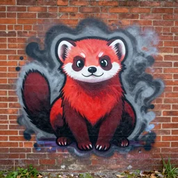 graffiti tag of a friendshaped furry fandom ermine, red and black, smoke cloud backing on a brick wall