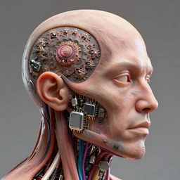 3D render of a rugged profile face portrait of a male cyborg, 150 mm, capacitors, Mandelbrot fractal, anatomical, flesh, facial muscles, neon wires, microchip, veins, arteries, full frame, microscopic, elegant, highly detailed, flesh ornate, elegant, high fashion, rim light, octane render in the style of H.R. Giger and Bouguereau