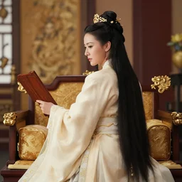 portrait of beautiful tai warlord sit on his throne in the traditional decorative royal hall with his wooden tablet in his hand. back view. soft lighting.