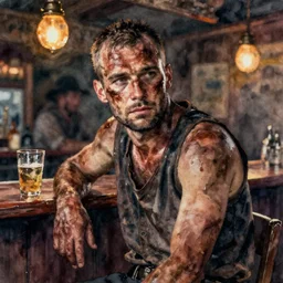 oil watercolor painting of dirty man in western bar, shaven stubble, short hair, mysterious light, art by anders zorn, wonderful masterpiece by greg rutkowski, beautiful cinematic light, american romanticism by greg manchess, creation by tyler edlin