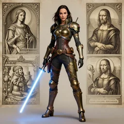 highly detailed steampunk gal gadot standing, light saber, hieronymus bosch, leonardo da vinci, albrecht durer