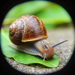 snail - kitten eating a small leaf, close - up, vibrant, photorealistic, anamorphic lens