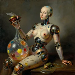 strange seductive futuristic robot body, enticing colorful oil painting dutch golden age vanitas still life perfect composition with bulbous objects strange gooey transparent surfaces shiny metal reflections bizarre mutant meat insects rachel ruysch dali todd schorr very detailed perfect composition rule of thirds masterpiece canon 5 0 mm, cinematic lighting, photography, film, kodachrome