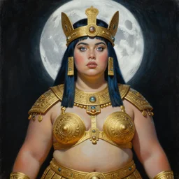 painting of junoesque plus size aztec priestess of the moon, golden filigree armor and tiara, moon above head, dark blue straight hair, smooth translucent skin, wide striking eyes, beautiful! coherent! by brom, by brian froud, strong line, high contrast, muted color, 4 k, trending on artstation
