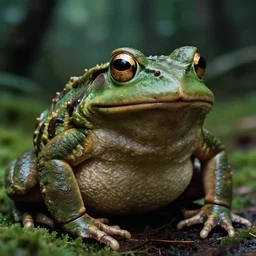 macro medium shot, rugged anthropomorphic muscular oversized frog as frog oversized barbarian hunter in deep forest, kodachrome film still