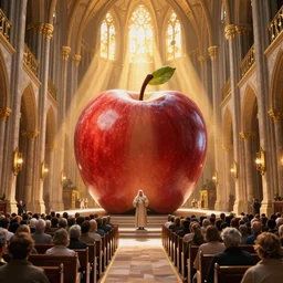 an apple worshipped by hundreds in a huge cathedral with golden ray traced light by WLOP and tony sart, god rays, fantasy art, 4k, HDR, photorealistic, 8k, trending on artstation