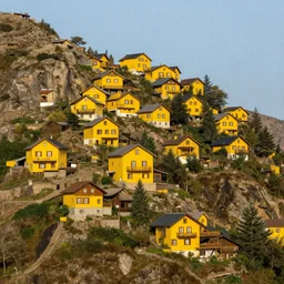 yellow square houses on a mountain, digital art, trending on artstation, HDR, by Albert Bierstadt