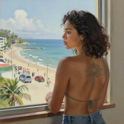 oil painting of a beautiful Brazilian girl by a window with a view onto a bustling sea front, she has a tattoo of a lotus flower on her back