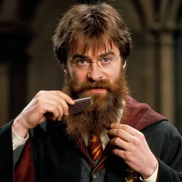 harry potter with long beards and beautiful mustache, combing his beard