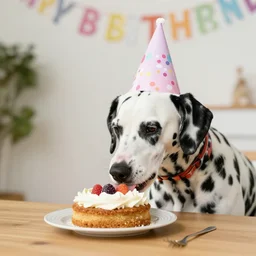female dalmatian with birthday hat eating birthday cake,