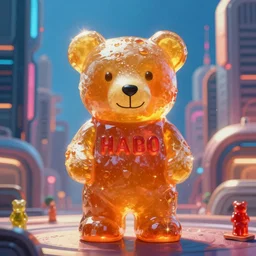 portrait of haribo bear in future city, color