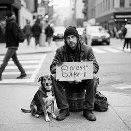 Black and white portrait of a homeless man with his dog sitting on a busy city street corner with a cardboard sign. Award winning, depth of field