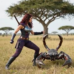 beautiful photograph of Gamora taking mate with Scorpion from Mortal Kombat in the field with an ombú in the background. Medium shot.