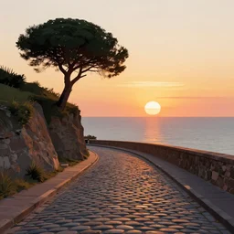 a lonely cobblestone street with a tree on a cliff over the sea at sunset, vector graphics by Brian Taylor