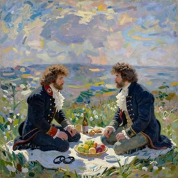 napoleon and bob ross having picnic by monet