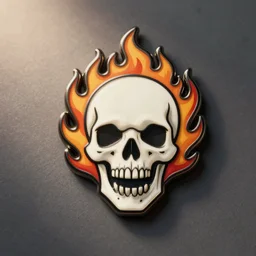 a retro minimalistic menacing clean skull with roaring fire flame enamel pin, hd, concept art, artstation