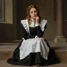 medium full view a medieval chambermaid of a noble house in her early thirties with a worrisome and compassionate disposition, by Raymond Swanland Greg Rutkowski Lise Deharm, {perfect face}, {perfect eyes}, elegant regal posture