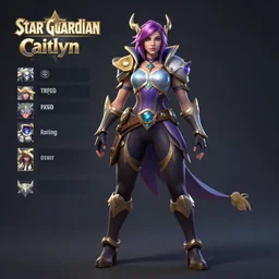 character sheet of Star Guardian Caitlyn (League of legends). 3d render, trending on artstation, unreal engine 5, 8k resolution
