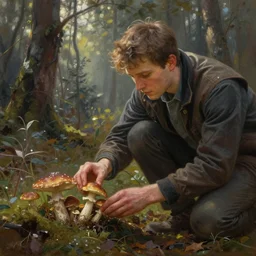 joe rogan collecting mushrooms. gouache fairytale art, russian romanticism, muted palette, backlighting, depth of field