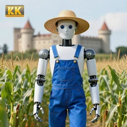 a photo of a humanoid robot wearing a straw hat blue overalls in the corn field, photorealistic, 8 k, castle background