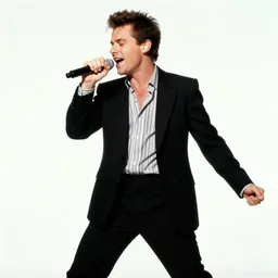 young Rick Astley singing into a microphone, dancing, black suit, striped shirt, white background, colored photograph, 4k