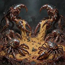 nightmare clawed chyme panzers destroyed, overturned by crustaceans made of mollusk skin with chrome rugated rust noodles landscape in primoridal slimes by boris vallejo, terror by francesco blanc, enric torres, by jack gaughan