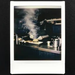 a black silhouette grainy analog black and white polaroid of a chef in a small smokey bar in san francisco grilling burgers taken through the window