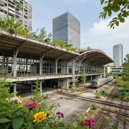 a beautiful very detailed highly detailed nature urbex city abandoned building industrial architecture train station architecture by le corbusier, flowers, archdaily, wallpaper, highly detailed, trending on artstation.