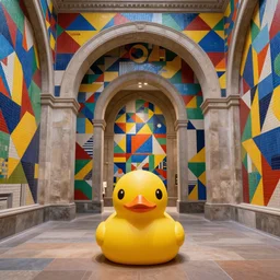 wide shot, one! photorealistic rubber duck in foreground in cavernous museum, the walls are covered floor to ceiling with colorful tesselated geometric wall paintings in the style of sol lewitt, tall arched stone doorways, through the doorways are more mural paintings in the style of sol lewitt.