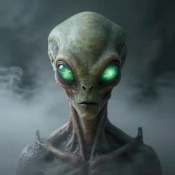 portrait of alien with long forehead. green semitransparant cloudy lightly glowing eyes. high quality photorealistic octane render 4 k, hyperrealism, volumetric fog, scary, unnerving, serious, dark, fear, concept art of chris foss, trending on artstation, cgstation, symmetric, horror, insectoid, reptiloid, alien features, nonhuman monster