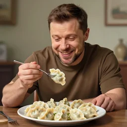happy vladimir zelensky eats dumplings, concept art, trending on artstation, highly detailed, intricate, sharp focus, digital art, 8 k