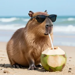 photo of a capybara with shades drinking coconut juice on the beach, octane render, artstation, 4 k, hyper - realistic, national - geographic