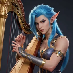 sophisticated sona, from league of legends, with an harp, light blue hair, hyper detailed, digital art, trending in artstation, cinematic lighting, pawg, studio quality, smooth render, unreal engine 5 rendered, octane rendered, art style by klimt and nixeu and ian sprigger and wlop and krenz cushart